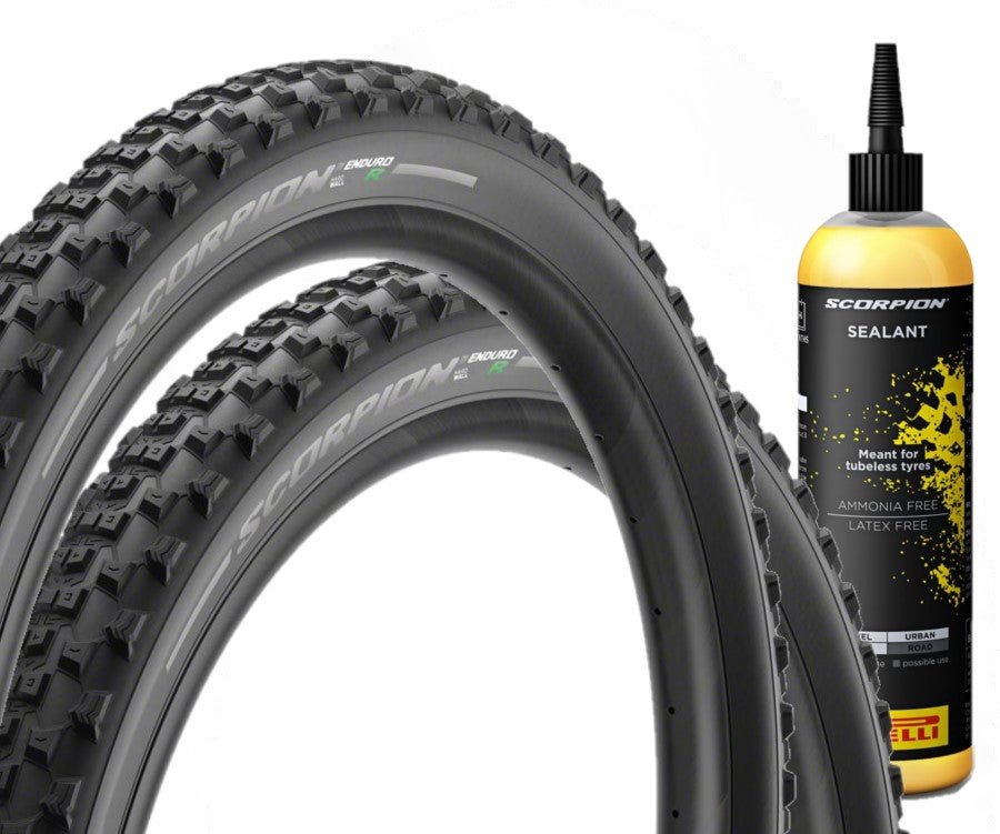 Kit Liquido Sigillante PIRELLI SmartSEAL 240 ml con Coppia ( 2 unità ) Copertone Bici Pirelli CYCLING Scorpion Enduro R  27.5 x 2.4 HardWALL nero