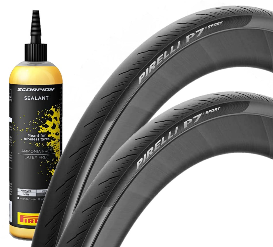 Kit Liquido Sigillante PIRELLI SmartSEAL 125 ml con Coppia ( 2 unità ) Copertone Bici Pirelli P7 Sport 700 x 24 C 24-622