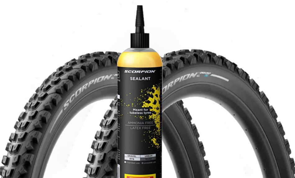 Kit Liquido Sigillante PIRELLI SmartSEAL 240ml con Coppia ( 2 unità ) Pneumatico Bici PIRELLI CYCLING 29 x 2.4 Scorpion Enduro S Black