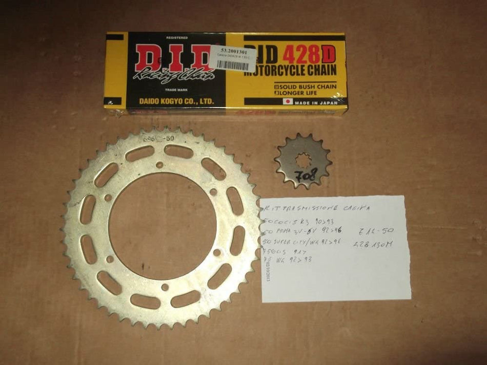 KIT TRASMISSIONE CATENA-CORONA-PIGNONE PER CAGIVA 50 COCIS K3 90>93 Z 14-50