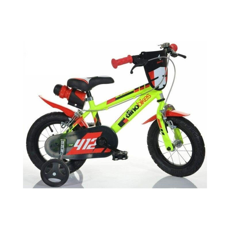 Bicicletta 12 pollici Dino Bikes 412US-03 gialla per bambini con rotelle e accessori